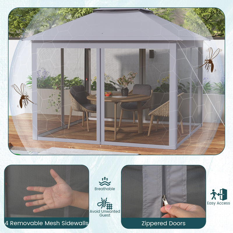 Costway - 11 x 11 Feet 2-Tier Pop-Up Gazebo Tent Portable Canopy Shelter Carry Bag Mesh-Gray