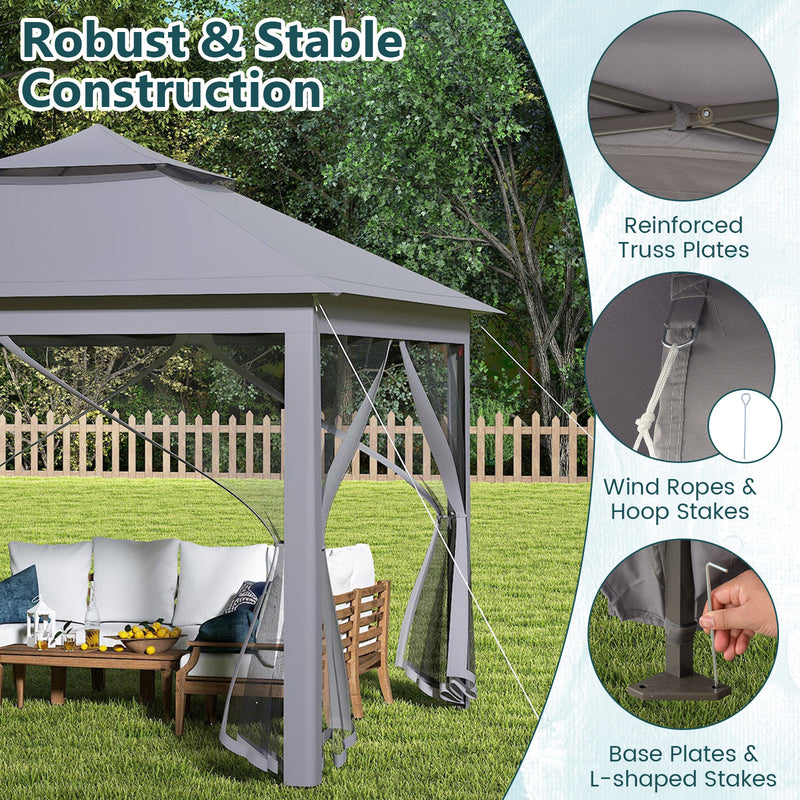Costway - 11 x 11 Feet 2-Tier Pop-Up Gazebo Tent Portable Canopy Shelter Carry Bag Mesh-Gray