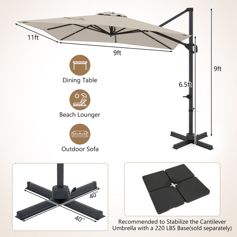 Costway - 11 x 9 FT Cantilever Patio Umbrella with 360° Rotation and Easy Tilt Adjustment-Beige