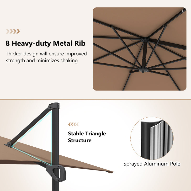 Costway - 11 x 9 FT Cantilever Patio Umbrella with 360° Rotation and Easy Tilt Adjustment-Brown