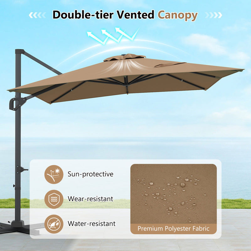 Costway - 11 x 9 FT Cantilever Patio Umbrella with 360° Rotation and Easy Tilt Adjustment-Brown