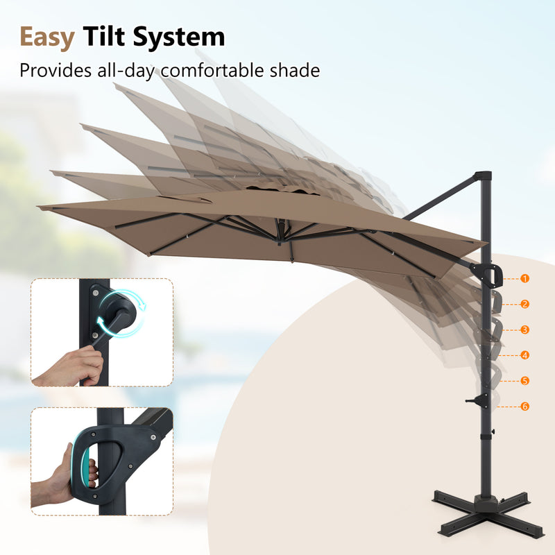 Costway - 11 x 9 FT Cantilever Patio Umbrella with 360° Rotation and Easy Tilt Adjustment-Brown