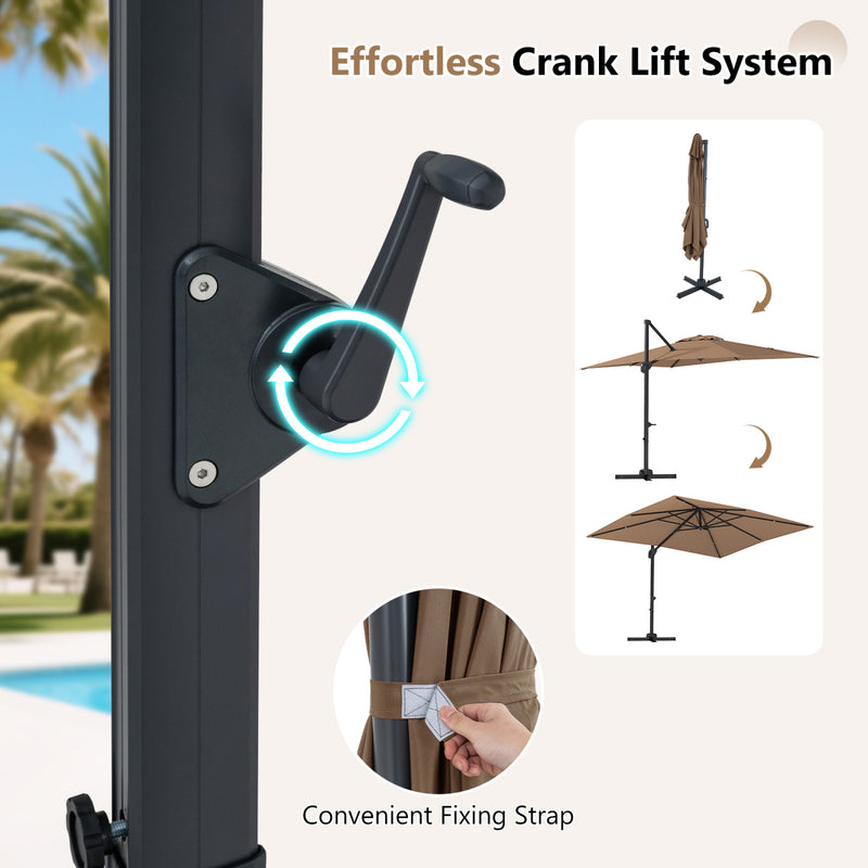 Costway - 11 x 9 FT Cantilever Patio Umbrella with 360° Rotation and Easy Tilt Adjustment-Brown