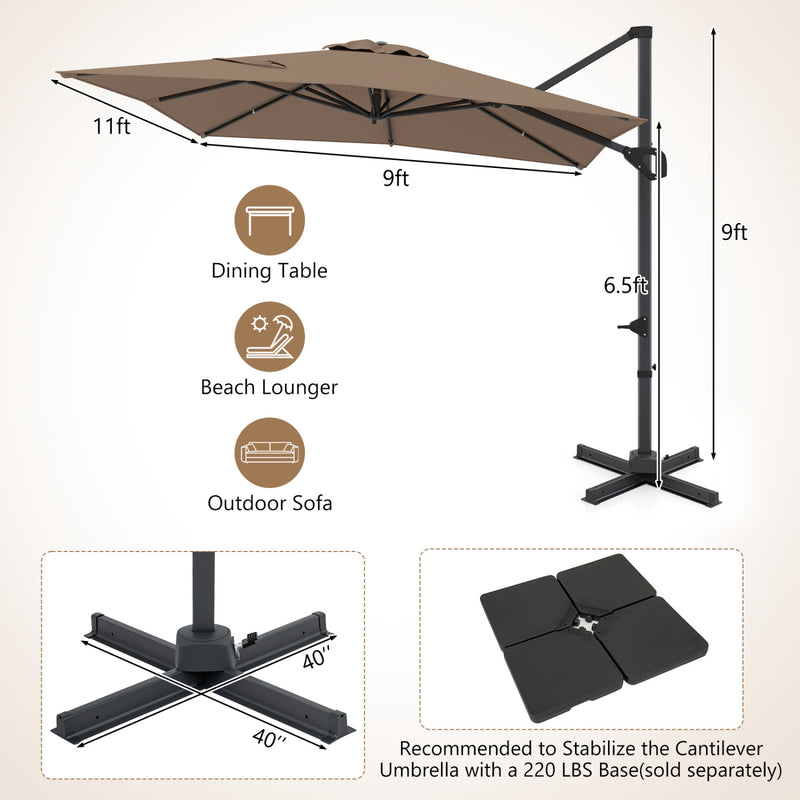 Costway - 11 x 9 FT Cantilever Patio Umbrella with 360° Rotation and Easy Tilt Adjustment-Brown