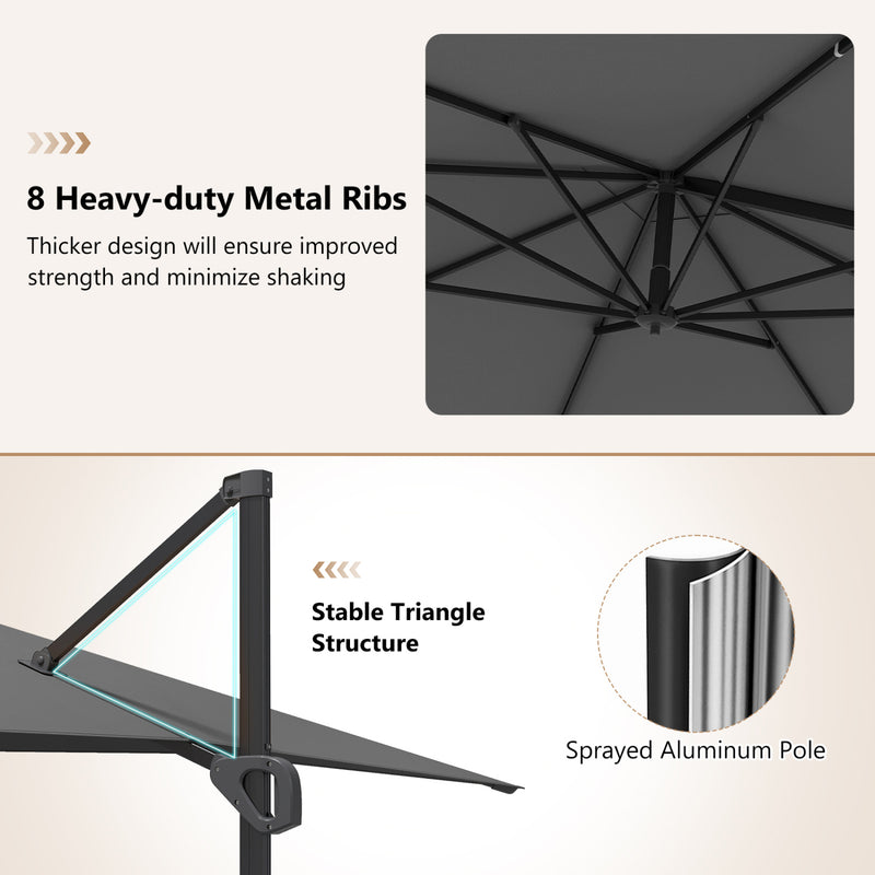 Costway - 11 x 9 FT Cantilever Patio Umbrella with 360° Rotation and Easy Tilt Adjustment-Gray