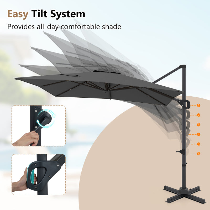 Costway - 11 x 9 FT Cantilever Patio Umbrella with 360° Rotation and Easy Tilt Adjustment-Gray