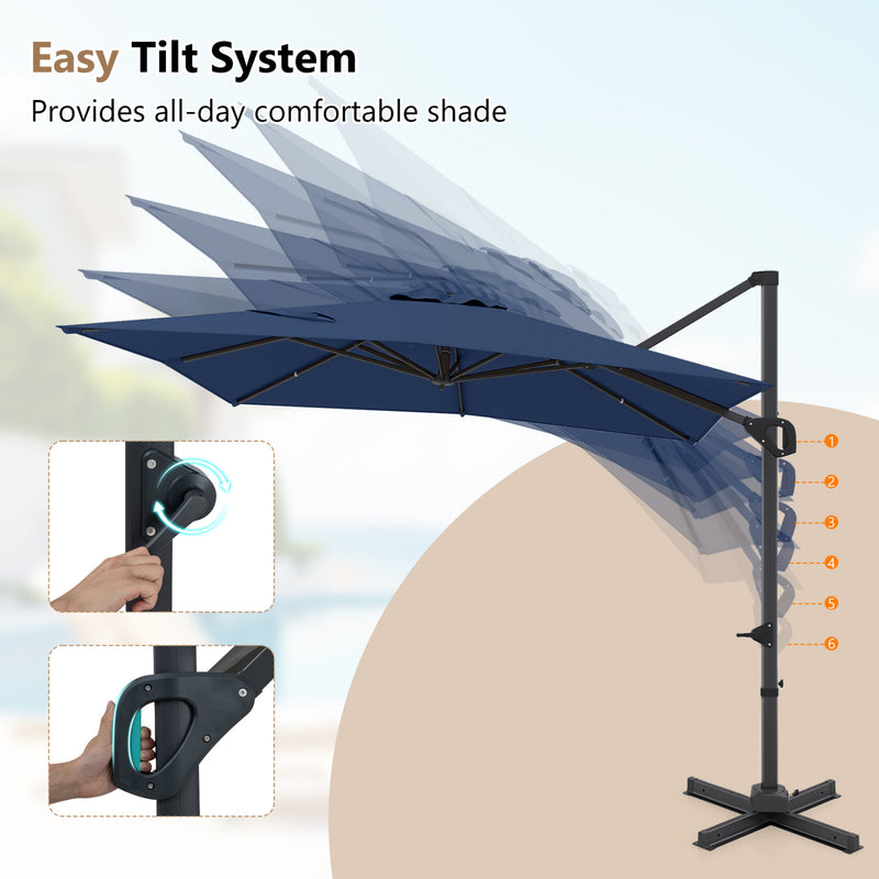 Costway - 11 x 9 FT Cantilever Patio Umbrella with 360° Rotation and Easy Tilt Adjustment-Navy