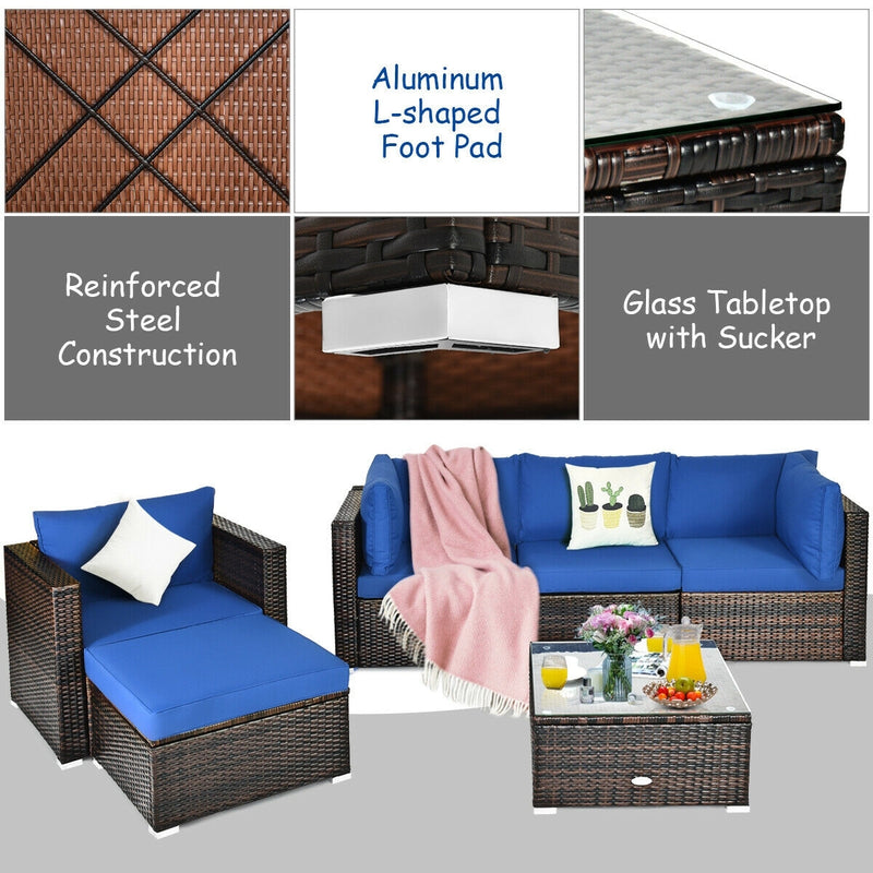 Costway - 6 Pieces Patio Rattan Furniture Set with Sectional Cushion-Blue