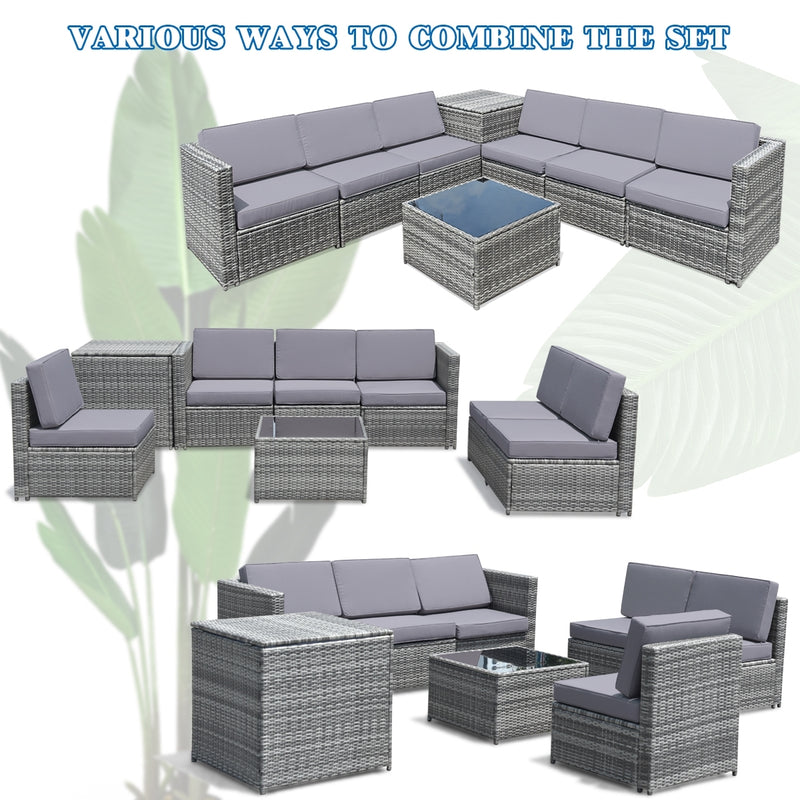 Costway - 8 Pieces Wicker Sofa Rattan Dining Set Patio Furniture with Storage Table-Gray