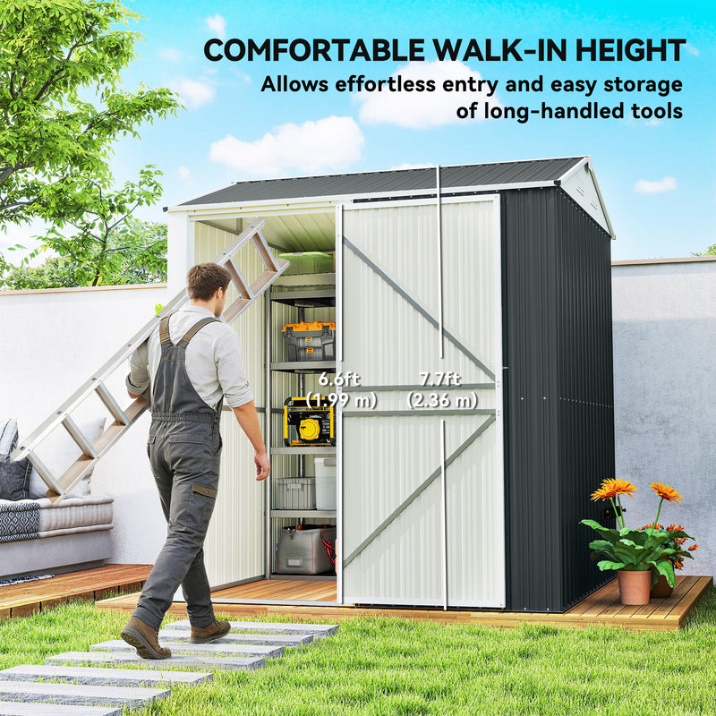 7' x 6' Tall Outdoor Storage Shed, Waterproof Metal Garden Shed with Gloves, Lockable Door, Dark Grey