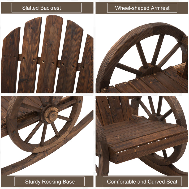 Outsunny - Patio Wooden Rocking Chair, Wagon Outdoor Rocker Chair with Slatted Design and Wheel Armrests for Garden, Carbonized