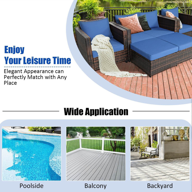 Costway - 5 Pieces Patio Cushioned Rattan Furniture Set-Navy