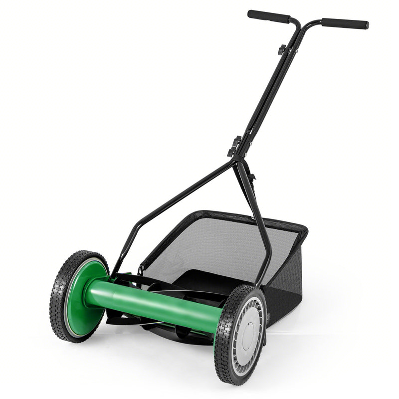 Costway - 14 Inch Push Lawn Mower with 5 Steel Blades and Grass Catcher Bag-Green