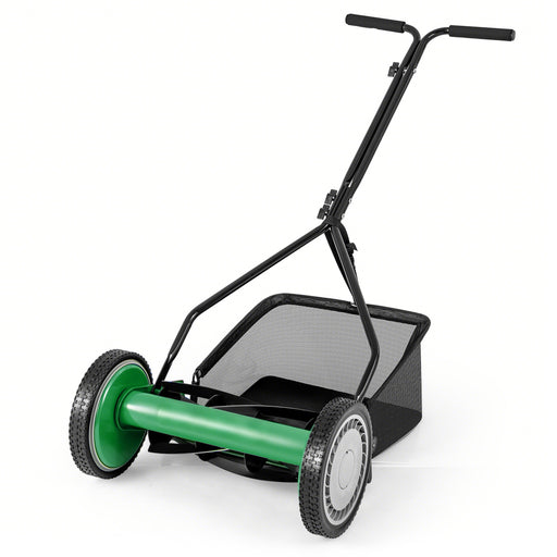 Costway - 14 Inch Push Lawn Mower with 5 Steel Blades and Grass Catcher Bag-Green