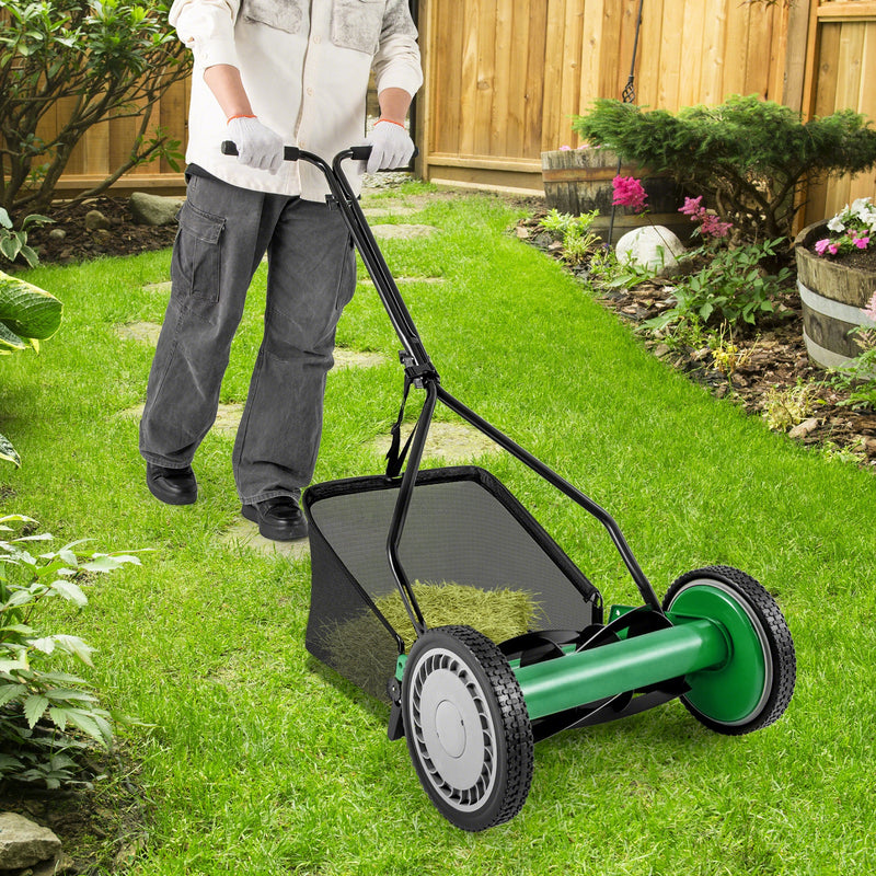 Costway - 14 Inch Push Lawn Mower with 5 Steel Blades and Grass Catcher Bag-Green