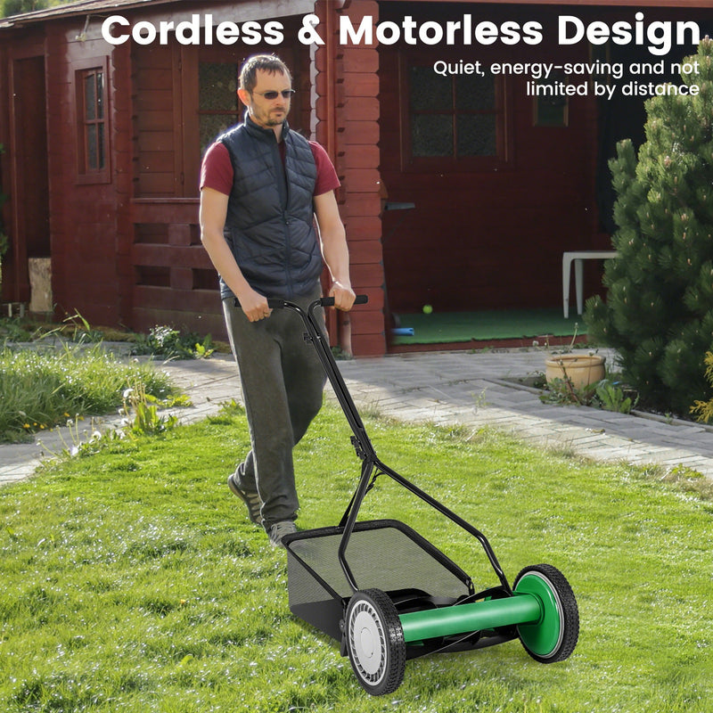 Costway - 14 Inch Push Lawn Mower with 5 Steel Blades and Grass Catcher Bag-Green