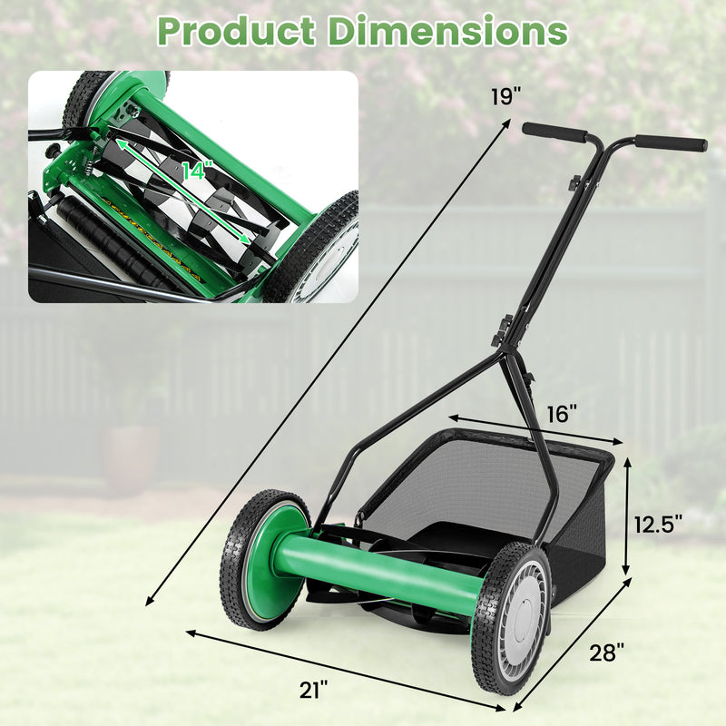 Costway - 14 Inch Push Lawn Mower with 5 Steel Blades and Grass Catcher Bag-Green