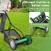 Costway - 14 Inch Push Lawn Mower with 5 Steel Blades and Grass Catcher Bag-Green