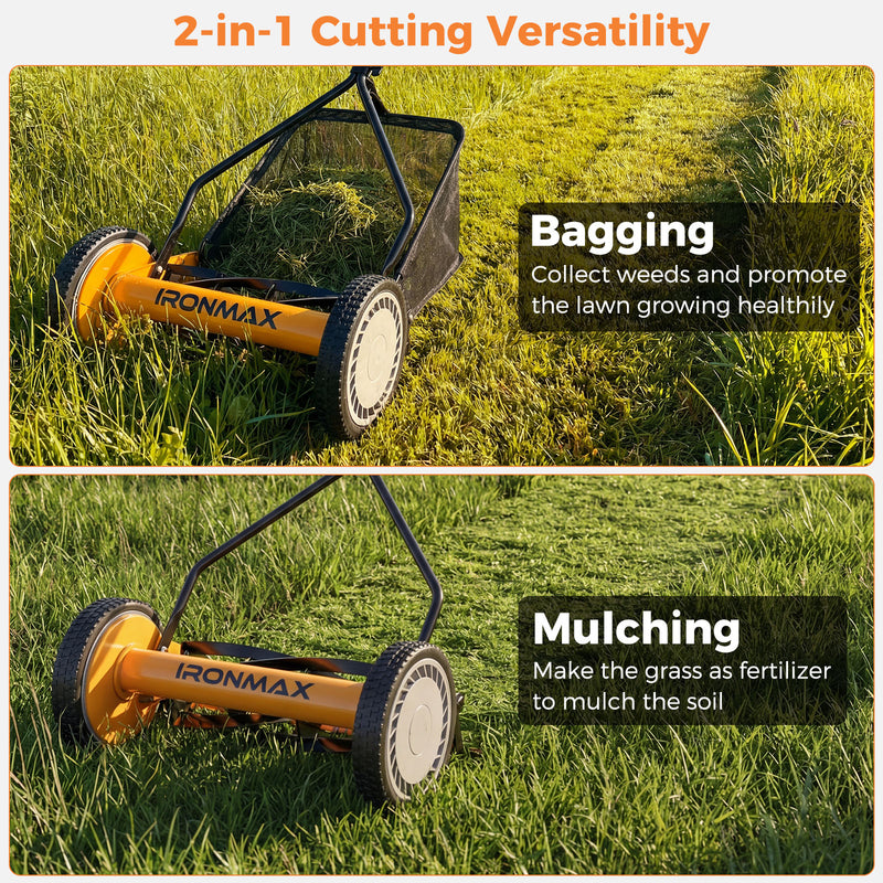 Costway - 14 Inch Push Lawn Mower with 5 Steel Blades and Grass Catcher Bag-Orange