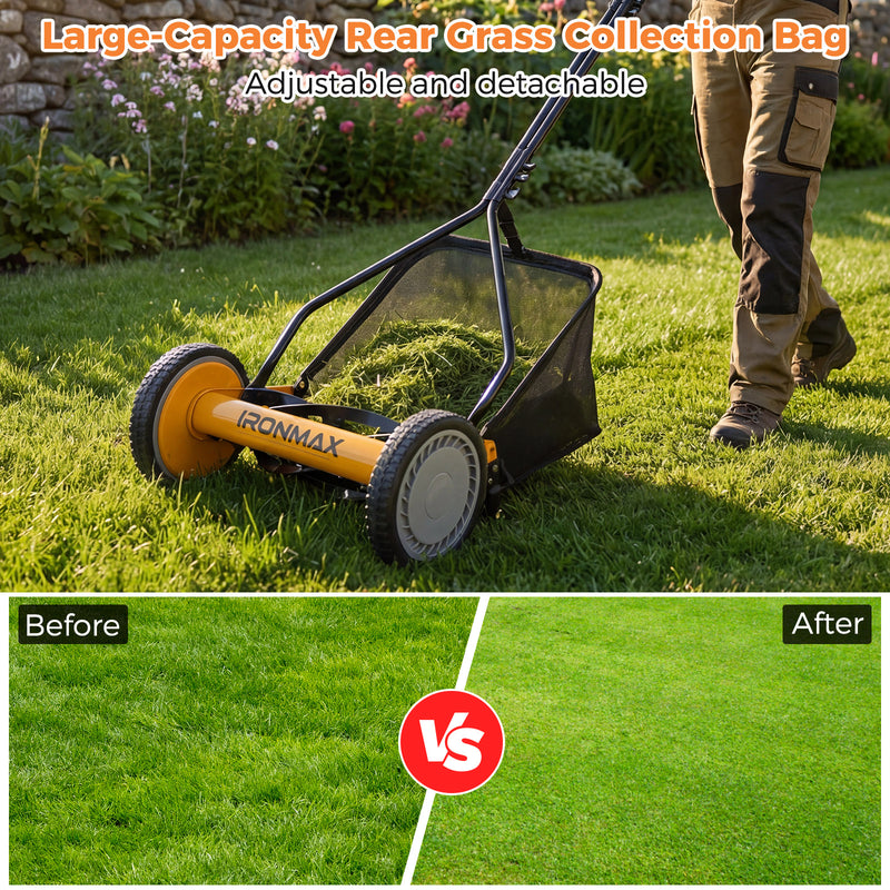 Costway - 14 Inch Push Lawn Mower with 5 Steel Blades and Grass Catcher Bag-Orange