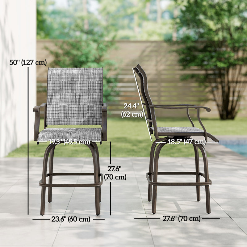 Outsunny - Outdoor Bar Stools Set of 2, Swivel Bar Height Chairs with High Back, Curved Armrests and Steel Frame, Mixed Grey