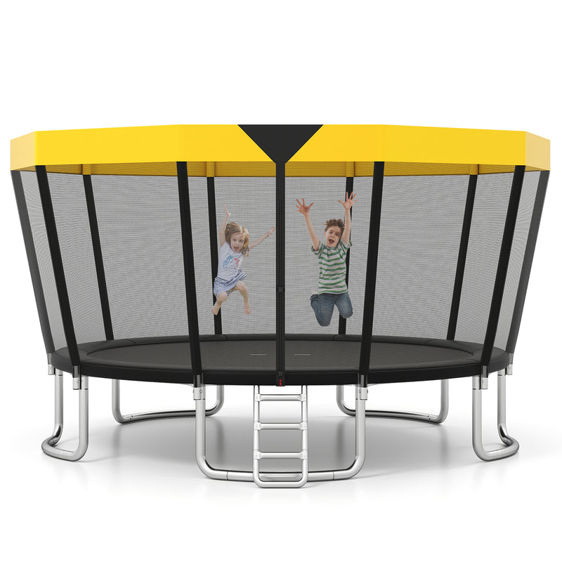 Costway - 15 FT Outdoor Trampoline ASTM Compliant Recreational Trampoline with Non-Slip Ladder-Yellow