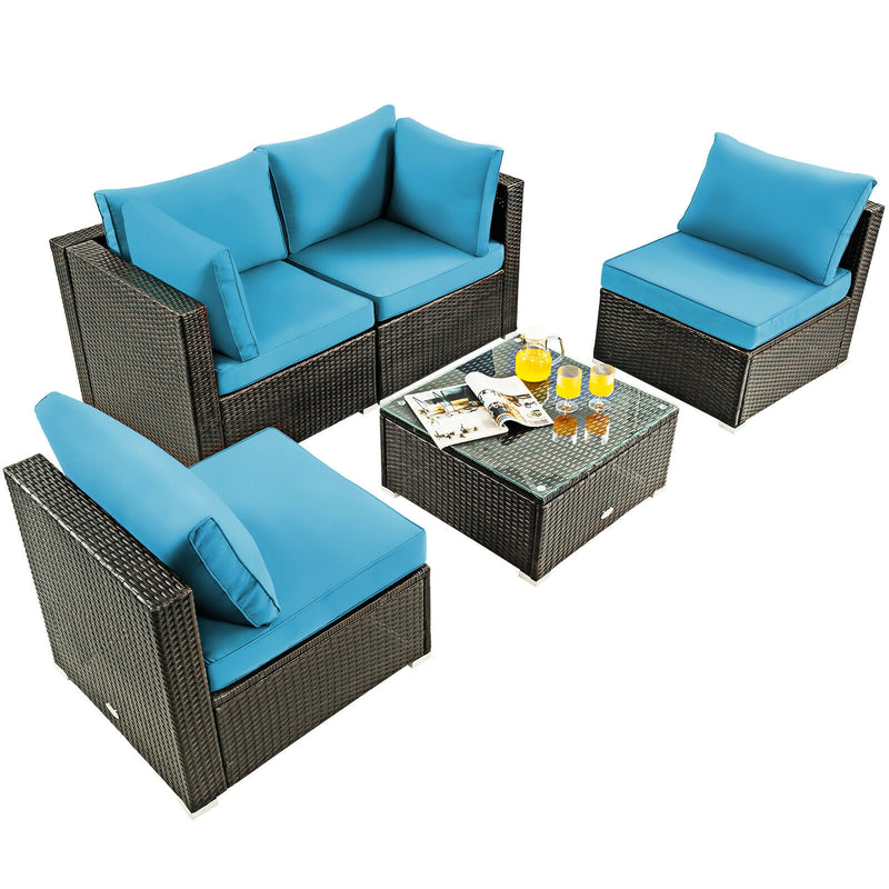Costway - 5 Pieces Cushioned Patio Rattan Furniture Set with Glass Table-Turquoise