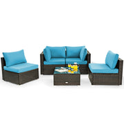Costway - 5 Pieces Cushioned Patio Rattan Furniture Set with Glass Table-Turquoise