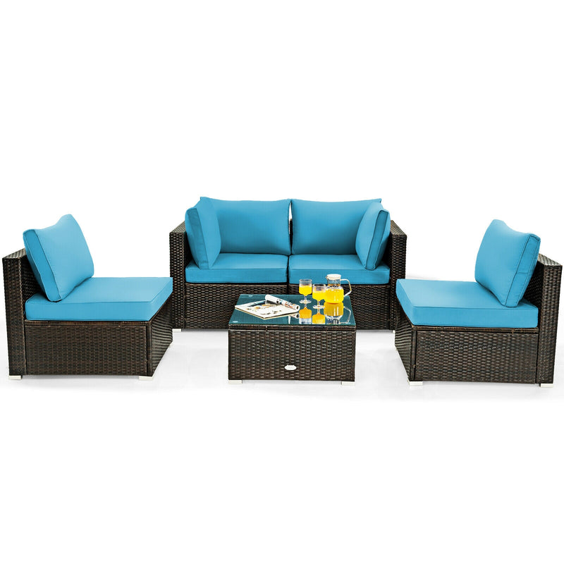 Costway - 5 Pieces Cushioned Patio Rattan Furniture Set with Glass Table-Turquoise