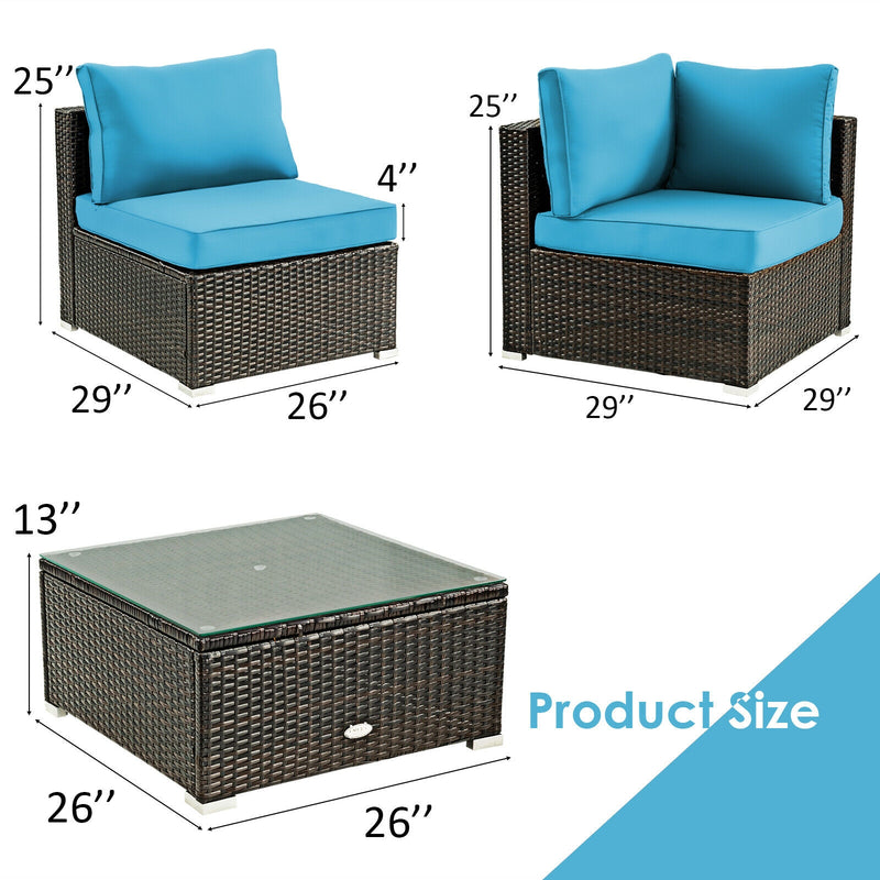 Costway - 5 Pieces Cushioned Patio Rattan Furniture Set with Glass Table-Turquoise
