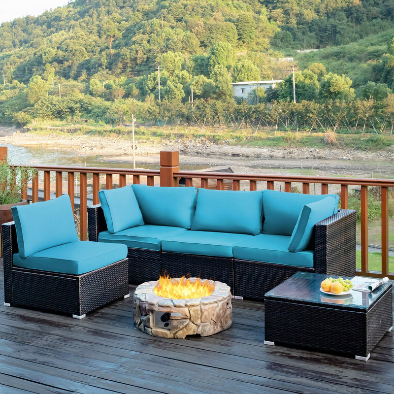 Costway - 5 Pieces Cushioned Patio Rattan Furniture Set with Glass Table-Turquoise