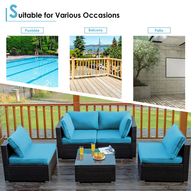 Costway - 5 Pieces Cushioned Patio Rattan Furniture Set with Glass Table-Turquoise