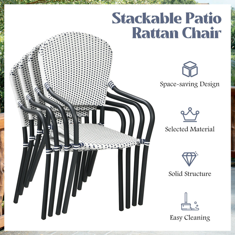 Costway - Set of 4 Patio Rattan Stackable Dining Chair with  Armrest for Garden-White