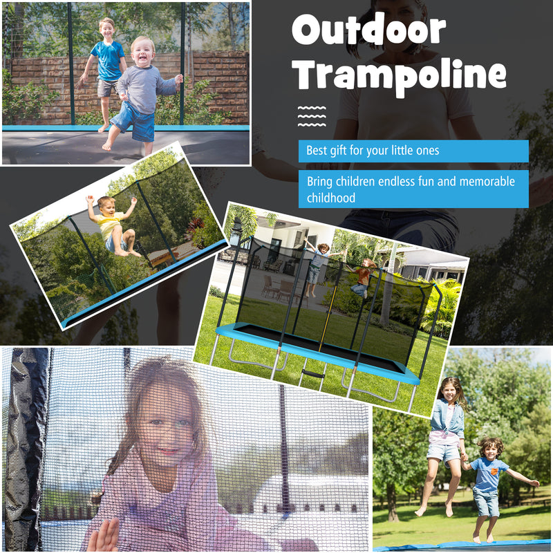 Costway - 8 x 14 Feet Rectangular Recreational Trampoline with Safety Enclosure Net and Ladder-Blue