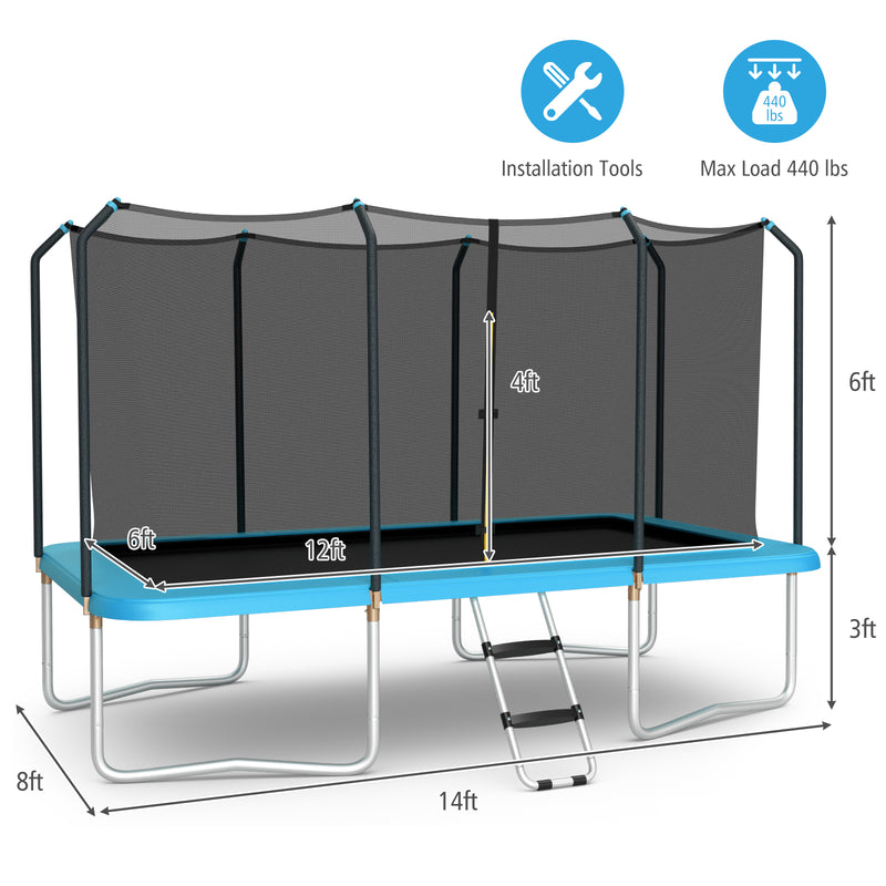 Costway - 8 x 14 Feet Rectangular Recreational Trampoline with Safety Enclosure Net and Ladder-Blue