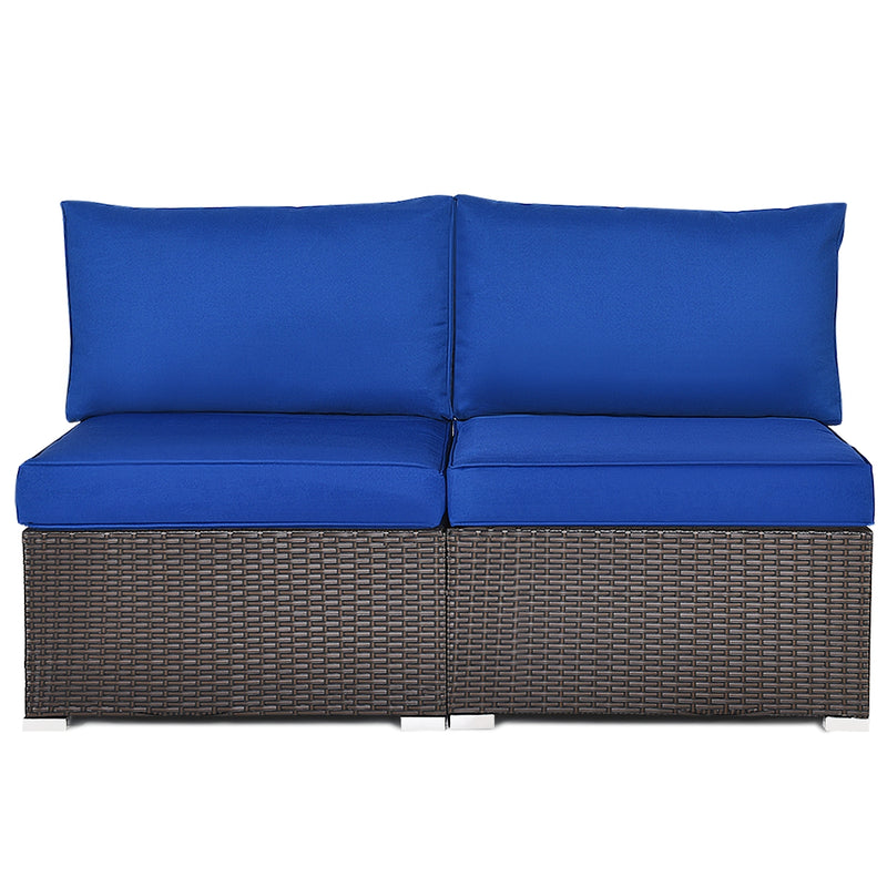Costway - 2 Pieces Patio Rattan Armless Sofa Set with 2 Cushions and 2 Pillows-Navy