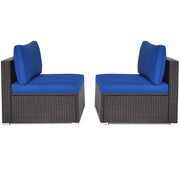 Costway - 2 Pieces Patio Rattan Armless Sofa Set with 2 Cushions and 2 Pillows-Navy