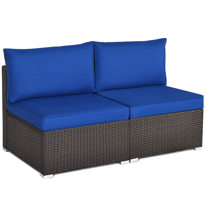 Costway - 2 Pieces Patio Rattan Armless Sofa Set with 2 Cushions and 2 Pillows-Navy