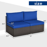 Costway - 2 Pieces Patio Rattan Armless Sofa Set with 2 Cushions and 2 Pillows-Navy