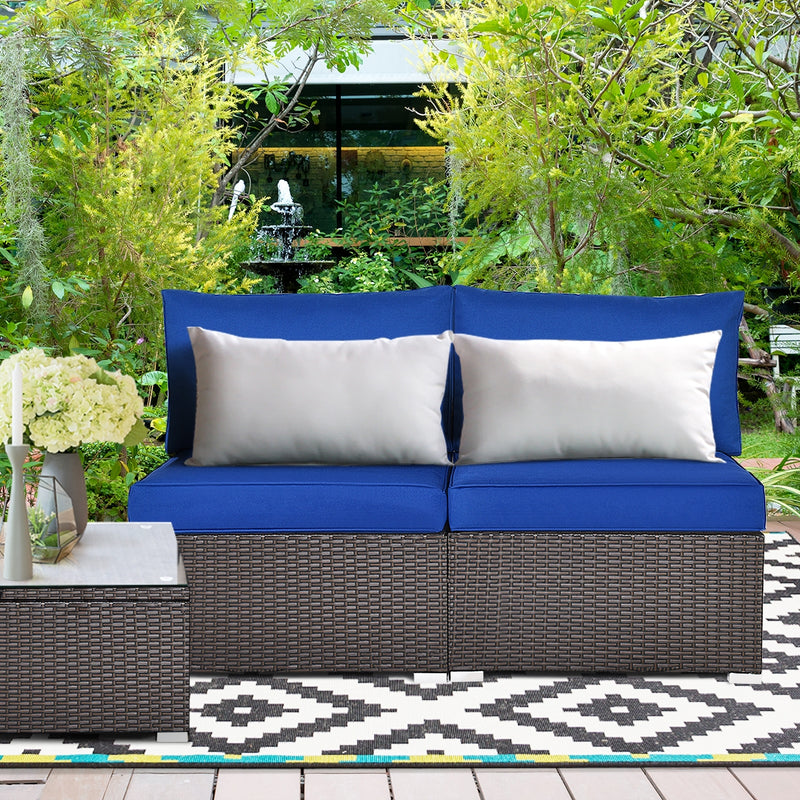 Costway - 2 Pieces Patio Rattan Armless Sofa Set with 2 Cushions and 2 Pillows-Navy