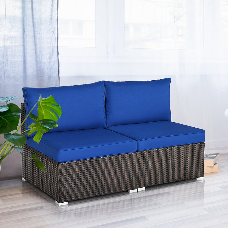 Costway - 2 Pieces Patio Rattan Armless Sofa Set with 2 Cushions and 2 Pillows-Navy