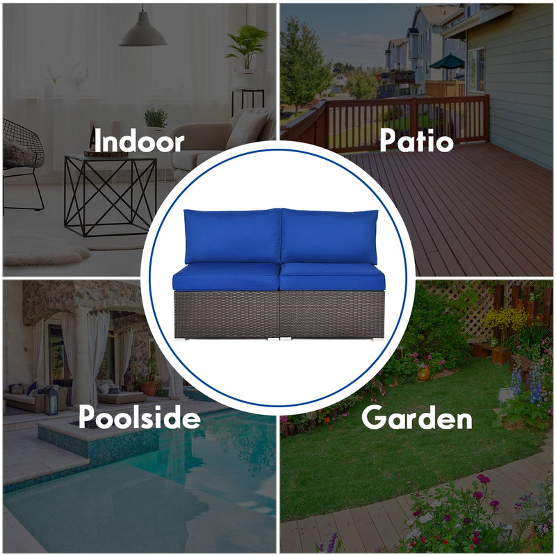 Costway - 2 Pieces Patio Rattan Armless Sofa Set with 2 Cushions and 2 Pillows-Navy