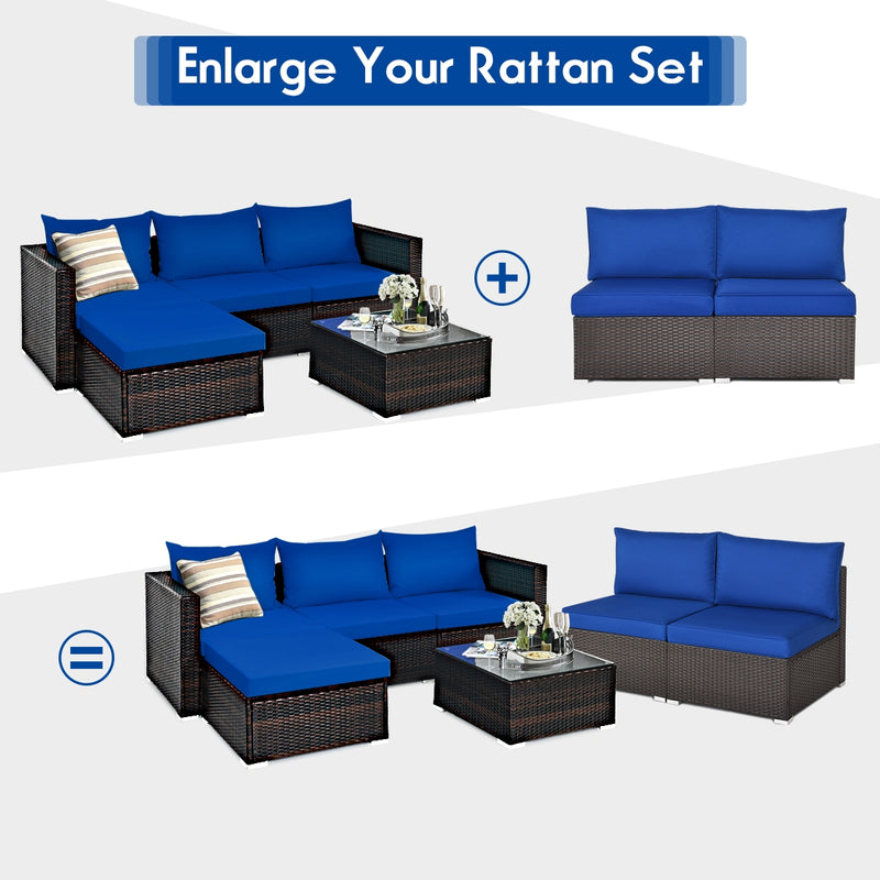 Costway - 2 Pieces Patio Rattan Armless Sofa Set with 2 Cushions and 2 Pillows-Navy