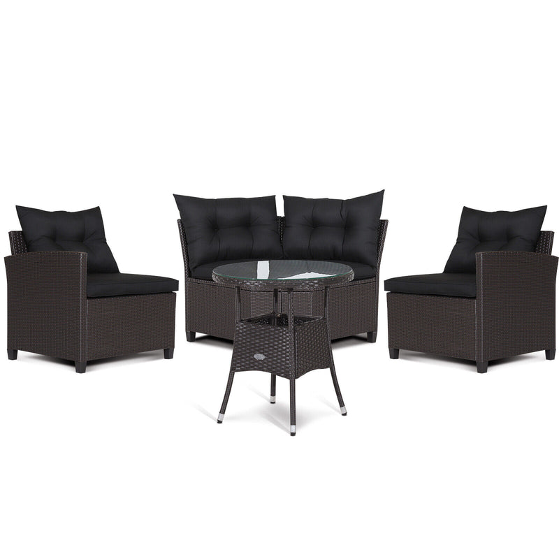 Costway - 4 Pieces Patio Rattan Furniture Set Cushioned Sofa Glass Table-Black