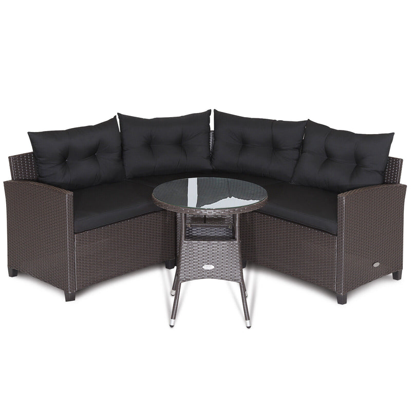 Costway - 4 Pieces Patio Rattan Furniture Set Cushioned Sofa Glass Table-Black
