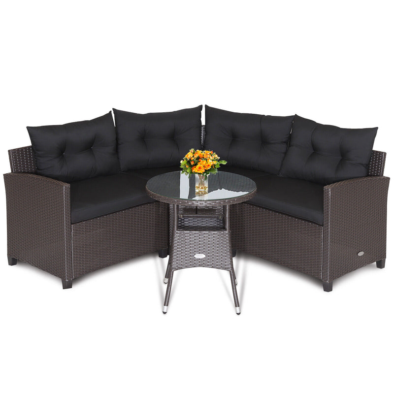 Costway - 4 Pieces Patio Rattan Furniture Set Cushioned Sofa Glass Table-Black