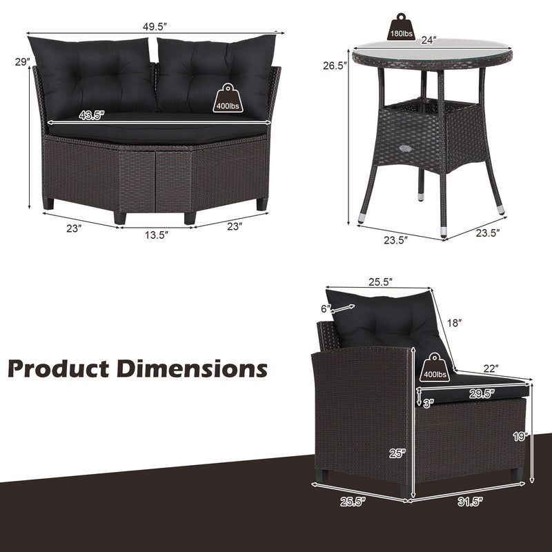 Costway - 4 Pieces Patio Rattan Furniture Set Cushioned Sofa Glass Table-Black