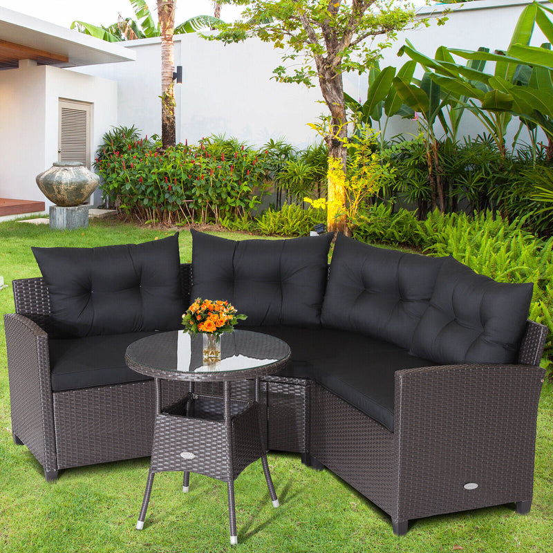 Costway - 4 Pieces Patio Rattan Furniture Set Cushioned Sofa Glass Table-Black