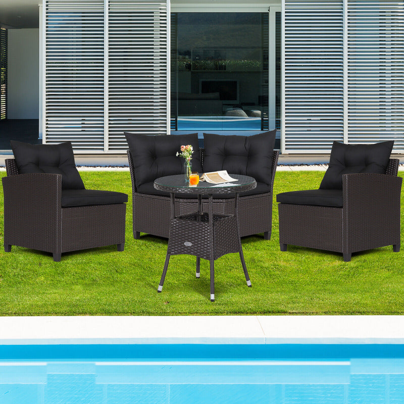 Costway - 4 Pieces Patio Rattan Furniture Set Cushioned Sofa Glass Table-Black