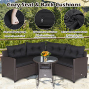Costway - 4 Pieces Patio Rattan Furniture Set Cushioned Sofa Glass Table-Black